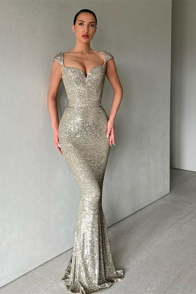 Cap Sleeves Long Sequins Prom Dress Mermaid  gh657