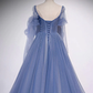Blue Tulle Beaded Sweetheart Unique Long Prom Dress, Blue Evening Dress Formal Dress  gh103