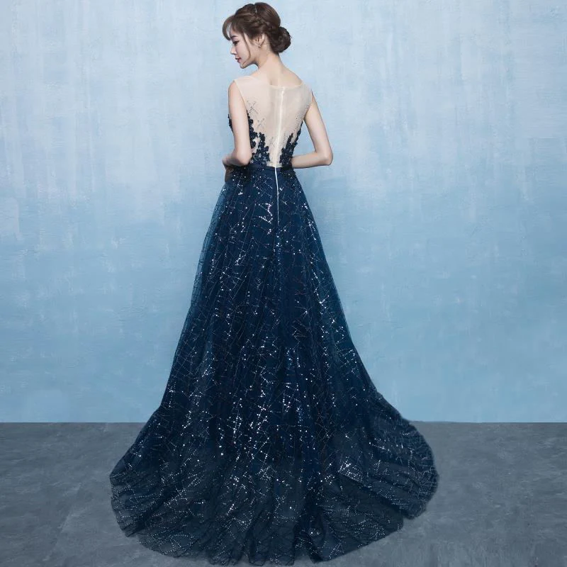 Beautiful Blue Tulle With Lace Round Neckline Prom Dress, Blue Prom Dress gh252