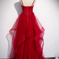 Red Lace Tulle Layered Straps Fashionable Long Party Dress, Long Prom Gown gh277