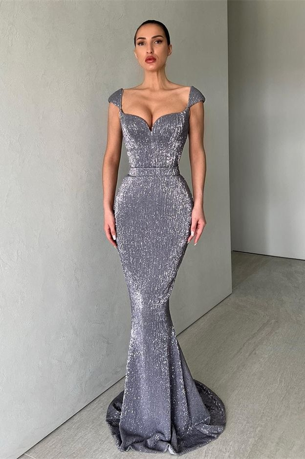 Cap Sleeves Long Sequins Prom Dress Mermaid  gh657