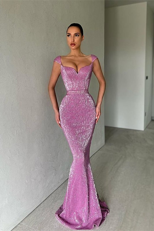 Cap Sleeves Long Sequins Prom Dress Mermaid  gh657