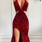 Burgunderrotes rückenfreies, mit Pailletten besetztes Meerjungfrau-Ballkleid mit Schlitz, Abendkleid, Partykleid gh791