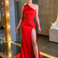 Red One Shoulder Sleeveless Mermaid Prom Dress With Split gh783