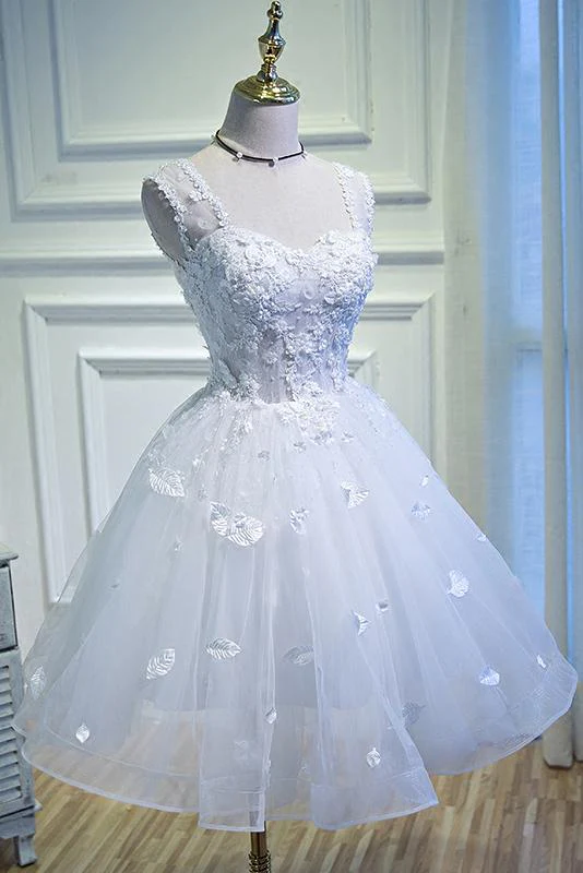 Simple Sweetheart White Lace up Beads Lace Appliques Tulle Straps Homecoming Dresses  gh985