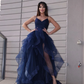 Robe de bal élégante en tulle à volants, col en V, sans manches, longueur au sol, ligne A, gh999