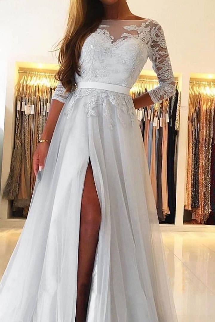 Long Sleeves A-Line Prom Dress Split With Lace gh747