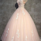 Pfirsichfarbenes, langes Ballkleid aus Tüll mit Blumen, Prinzessinnen-Ballkleid mit durchsichtigem Ausschnitt, Partykleid gh990