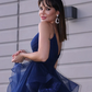 Robe de bal élégante en tulle à volants, col en V, sans manches, longueur au sol, ligne A, gh999