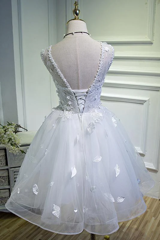 Simple Sweetheart White Lace up Beads Lace Appliques Tulle Straps Homecoming Dresses  gh985