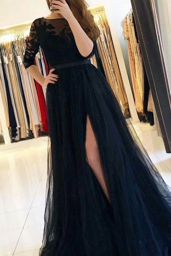 Long Sleeves A-Line Prom Dress Split With Lace gh747