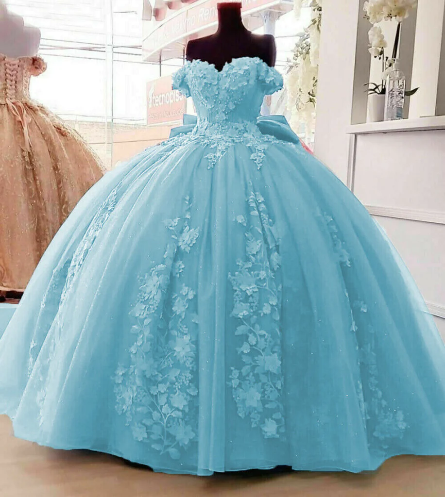 Schulterfrei Ballkleid Quinceanera Kleider 3D FloralApplique Bonbon 16 Kleider gh930