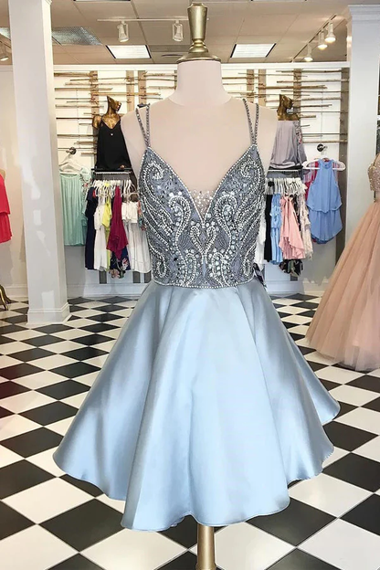 Rückenfreie Spaghettiträger Strass kurzes Heimkehrkleid gh1738