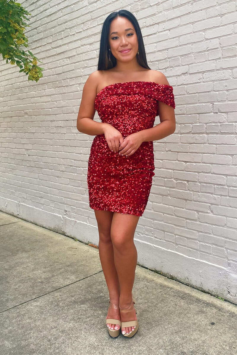 Wine Red Sequin One-Shoulder Short Homecoming Dress gh1237