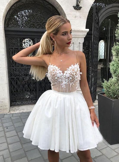 White sweetheart lace short dress, white homecoming dress gh1712