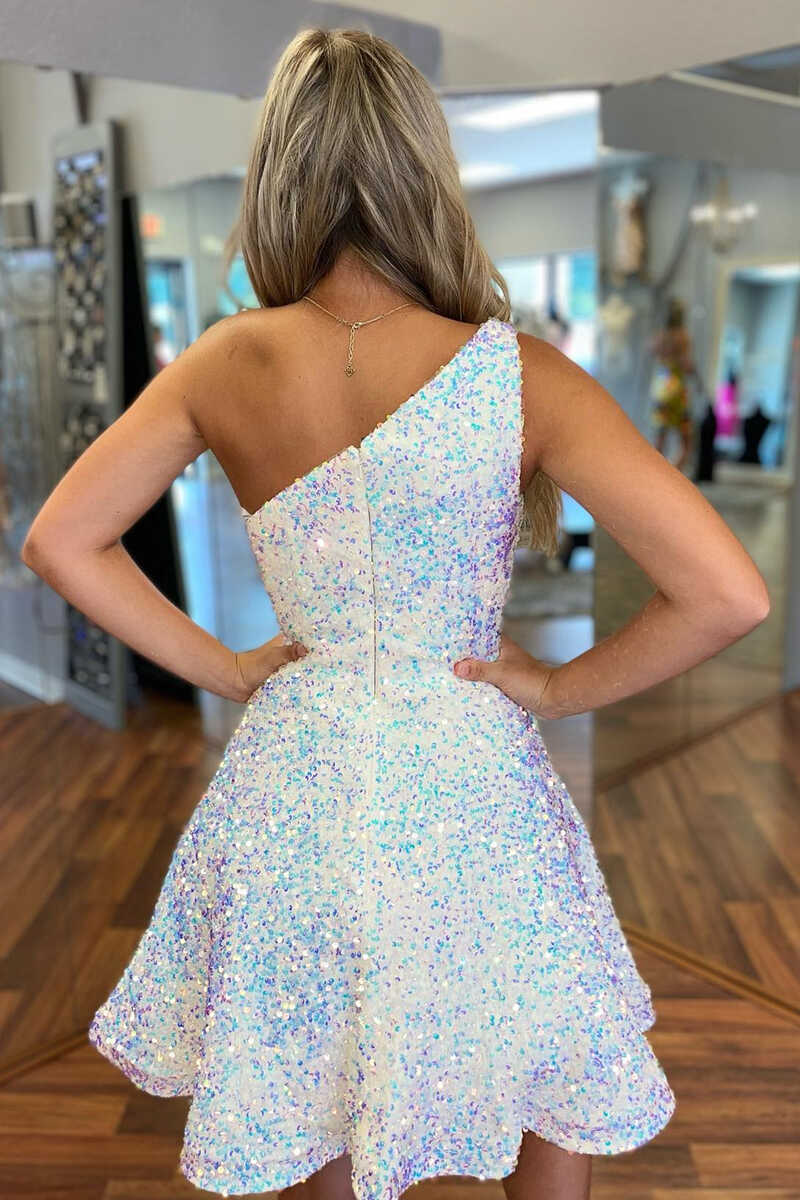 White Iridescent Sequin One-Shoulder A-Line Short Dress gh1290