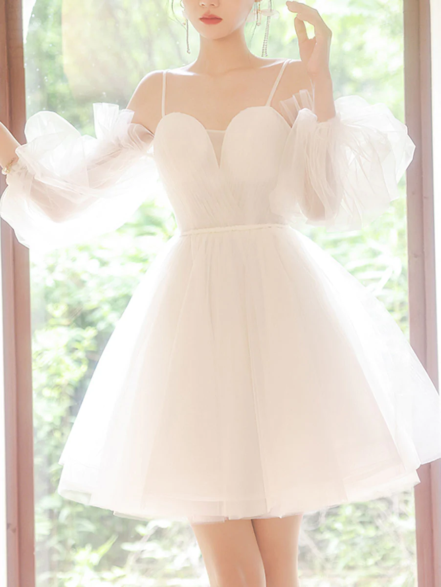 White sweetheart neck tulle short prom dress, cute white homecoming dress gh1680