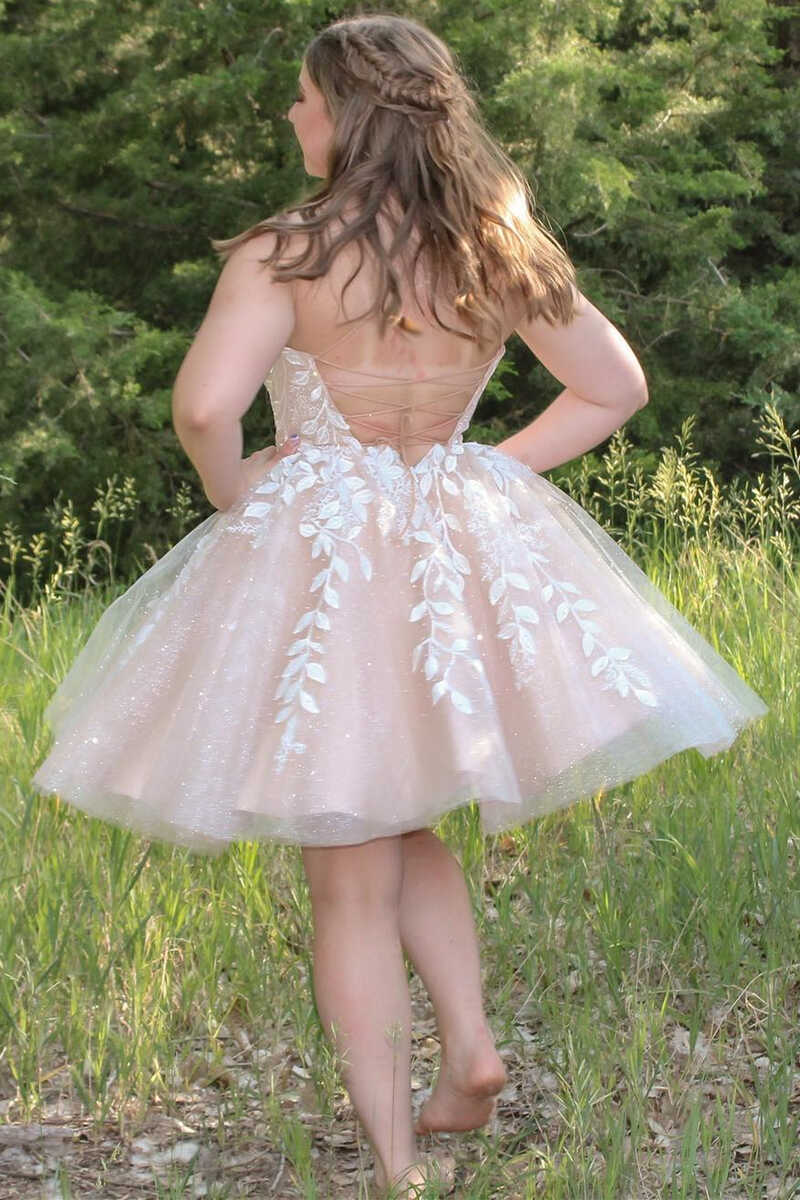 A-Line Ivory Appliques Lace-Up Short Homecoming Gown  gh1286