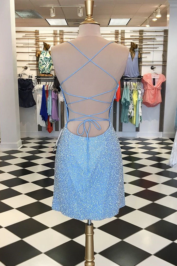 Sky Blue Sequin Lace-Up Back Short Dress gh1470