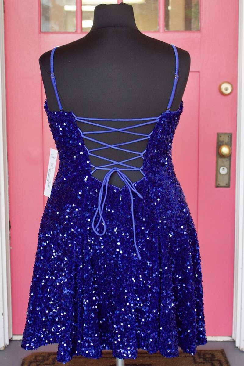 Royal Blue Sequin V-Neck Straps Lace-Up Back Homecoming Dress gh1456