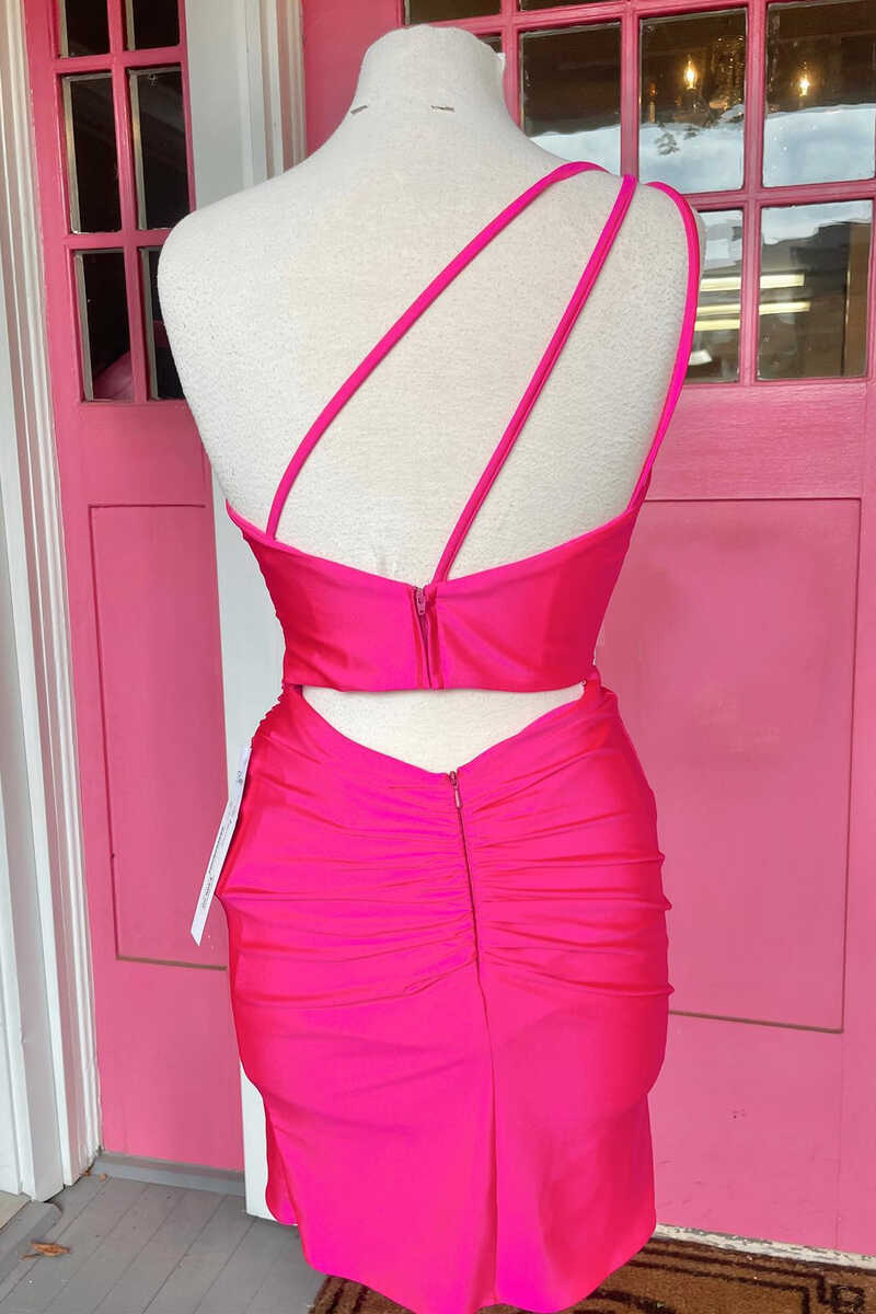 Neon Pink One-Shoulder Backless Bodycon Short Dress gh1318