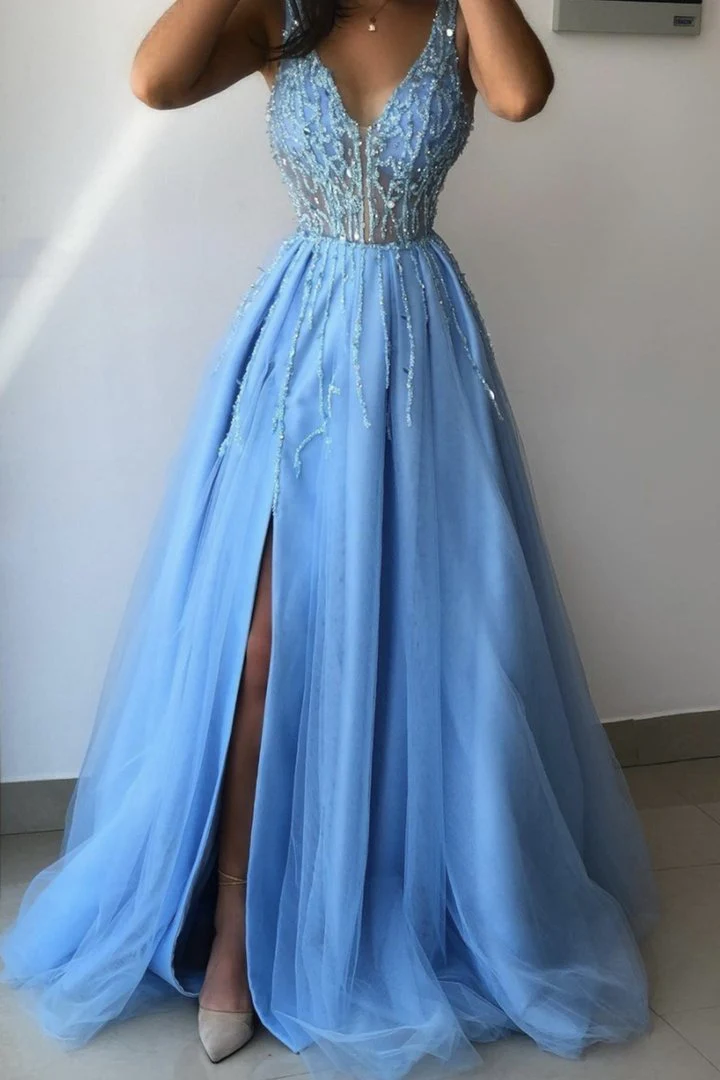 Sky Blue Prom Dress with Slit, Evening Dress, Formal Dresses gh1099 ...