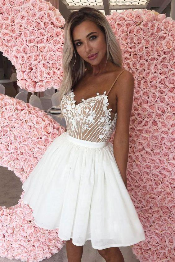 White sweetheart lace short dress, white homecoming dress gh1712