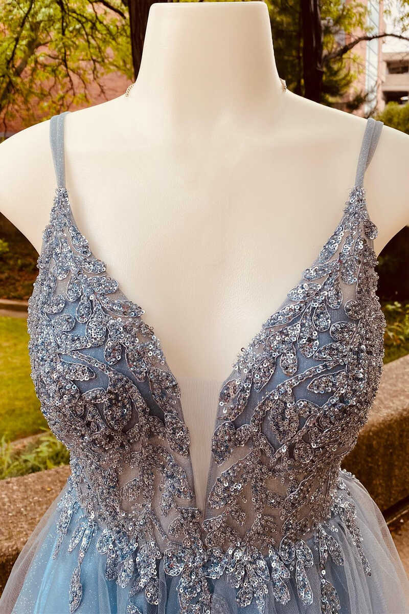 Stunning Blue Sequins Plunge Neck A-Line Short Homecoming Dress gh1408