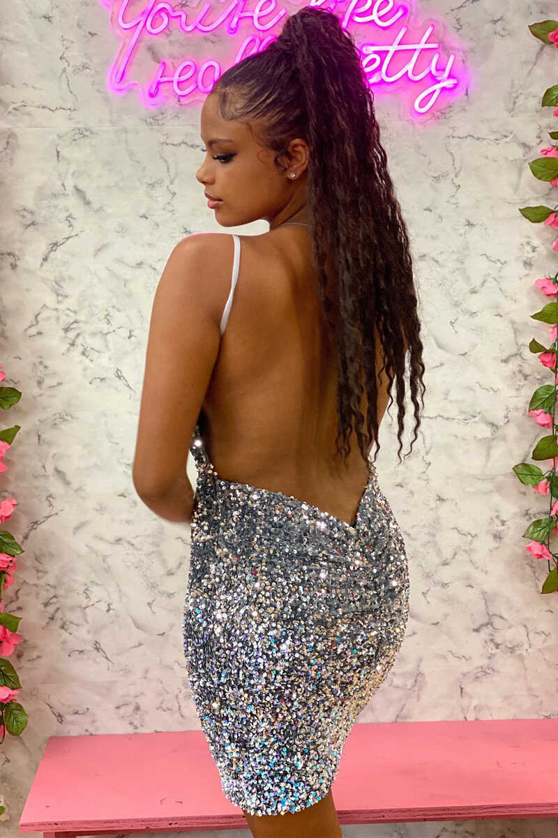 Silver Sequin V-Neck Backless Mini Homecoming Dress gh1320