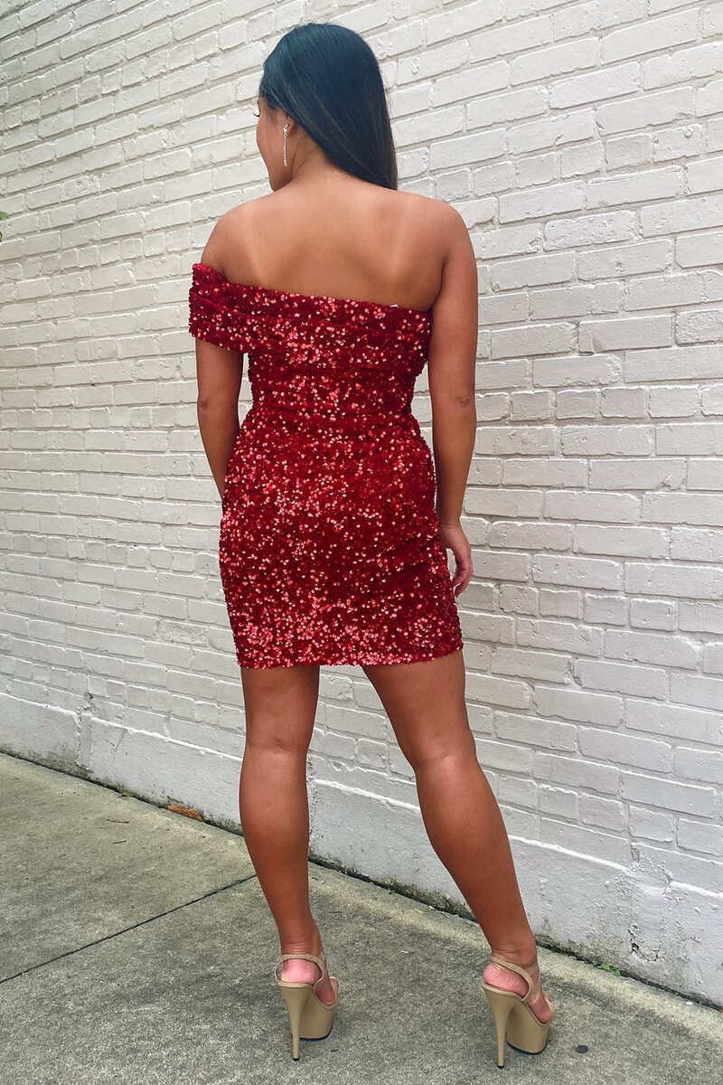 Wine Red Sequin One-Shoulder Short Homecoming Dress gh1237