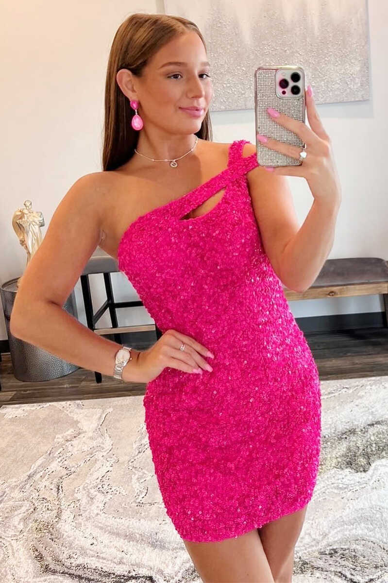 One-Shoulder Hot Pink Sequin Keyhole Mini Homecoming Dress gh1357