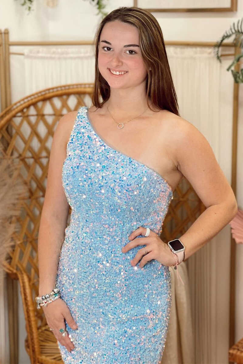 One-Shoulder Blue Iridescent Sequin Backless Mini Homecoming Dress gh1348