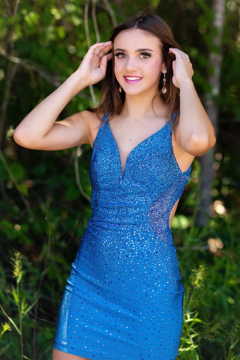 Blue Beaded V-Neck Backless Mini Homecoming Dress gh1441