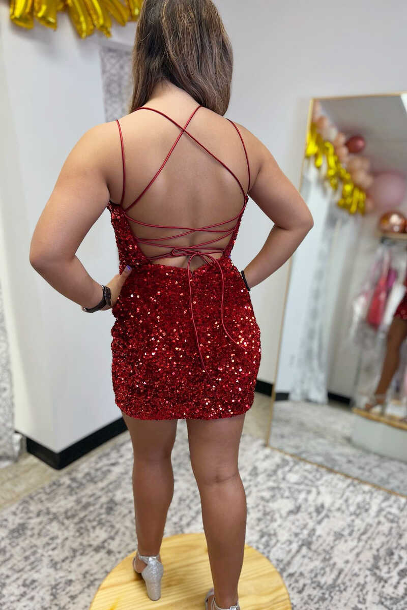 Sequin Spaghetti Straps Lace-Up Bodycon Homecoming Dress gh1421