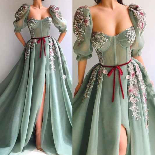 Back to school outfit mint green evening dress half sleeve sweetheart neck high slit lace beaded applique a line prom dress long gh1827