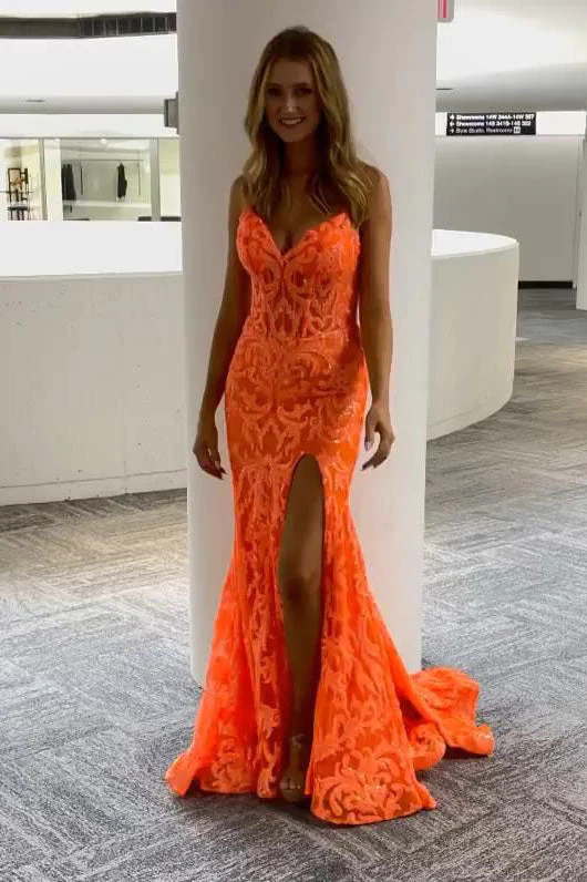 Sparkly Orange Mermaid V Neck Sequin Prom Dresses Long Straps Formal Gown gh1792