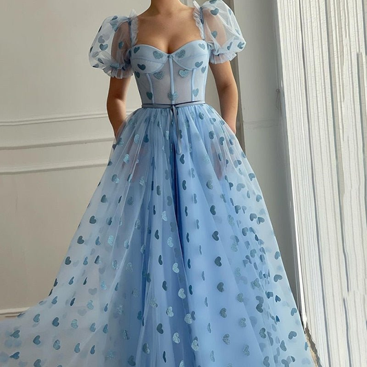 Baby Blue Long Prom Dresses with Pocket Hearty Short Sleeve Pageant Formal Evening Party Dresses Floor Length   gh1833