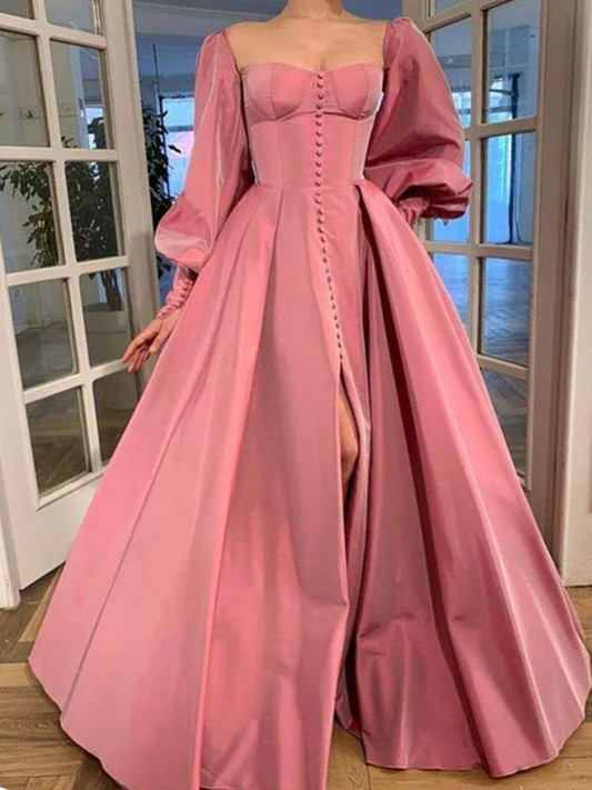 Square Nekline Classic Satin Prom Dresses, Bubble Sleeves Prom Dresses  gh1837