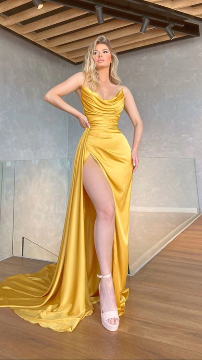 Yellow Sexy V-Neck Long Formal Prom Dress , Mermaid Evening Dress, Strapless High Side Split, Prom Dresses for Celebrity Party Gowns   gh1874