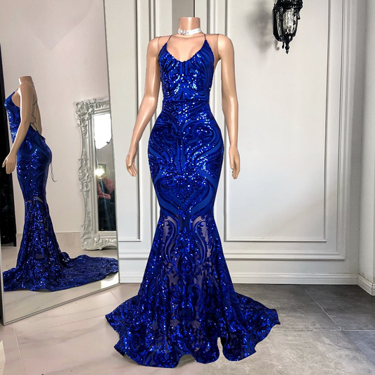 Spaghetti-Straps Royal Blue Long Mermaid Prom Dress With Sequins | Ballbellas gh1795