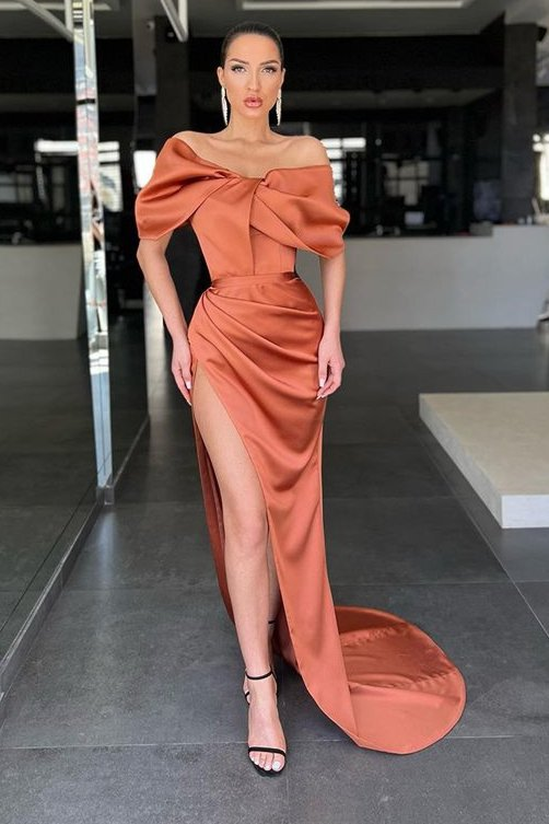 Burnt Orange Off-the-Shoulder Mermaid evening Dress Slit Long  gh1873