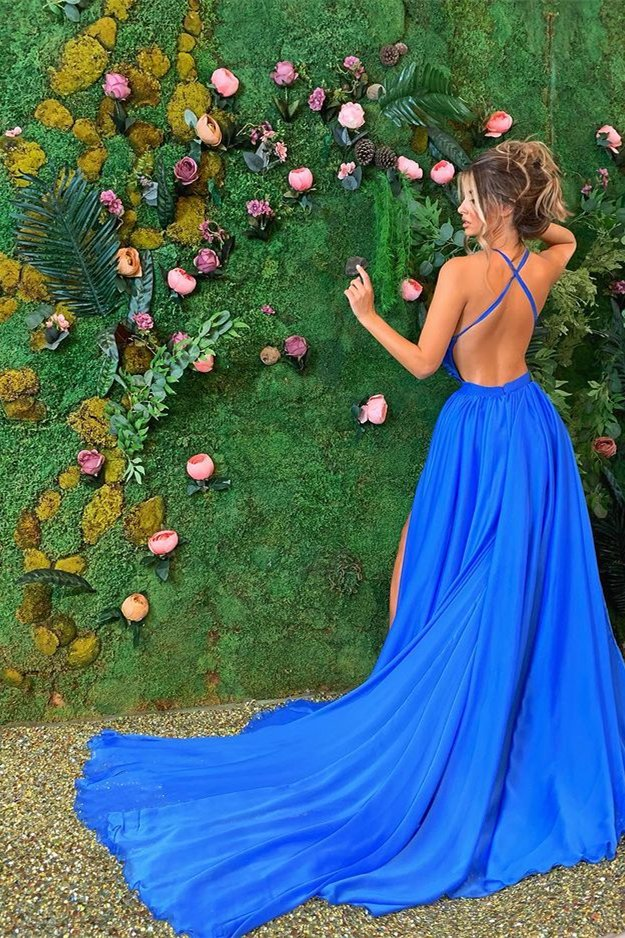 Royal Blue Sleeveless Prom Dress Slit gh1897