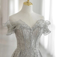Gray Tulle Sequin Lace Off Shoulder Long Prom Dress, Gray Evening Dress gh2576