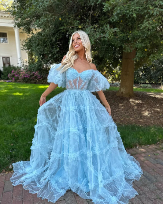 Charmante robe de bal en tulle bleu à épaules dénudées et ligne A gh2496