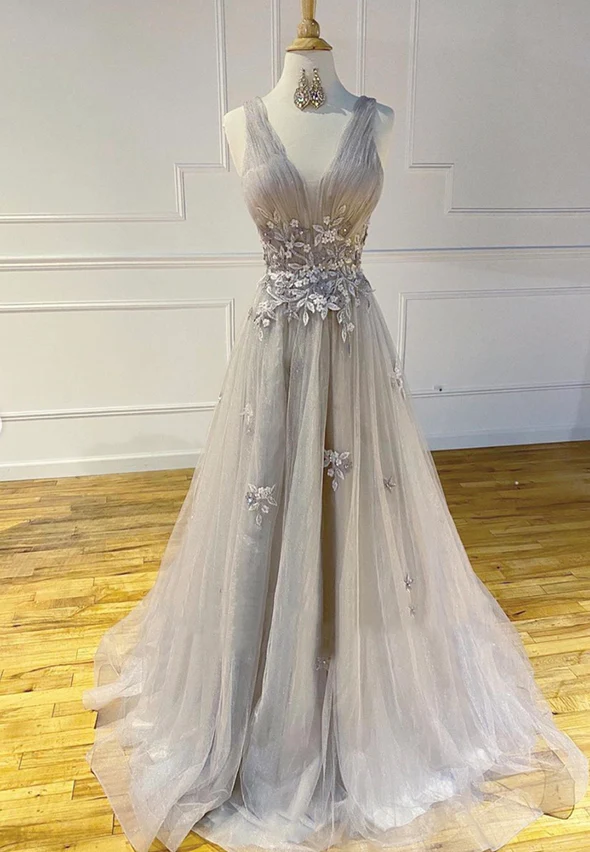 Graues Tüll-Spitzen-Abschlussballkleid Abendkleid gh2287