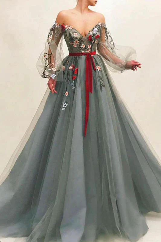 Robe de bal longue en tulle à épaules dénudées et manches longues avec fleurs gh2109