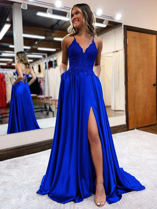 Robe de soirée longue en satin bleu à col en V, robe de soirée bleue gh2442