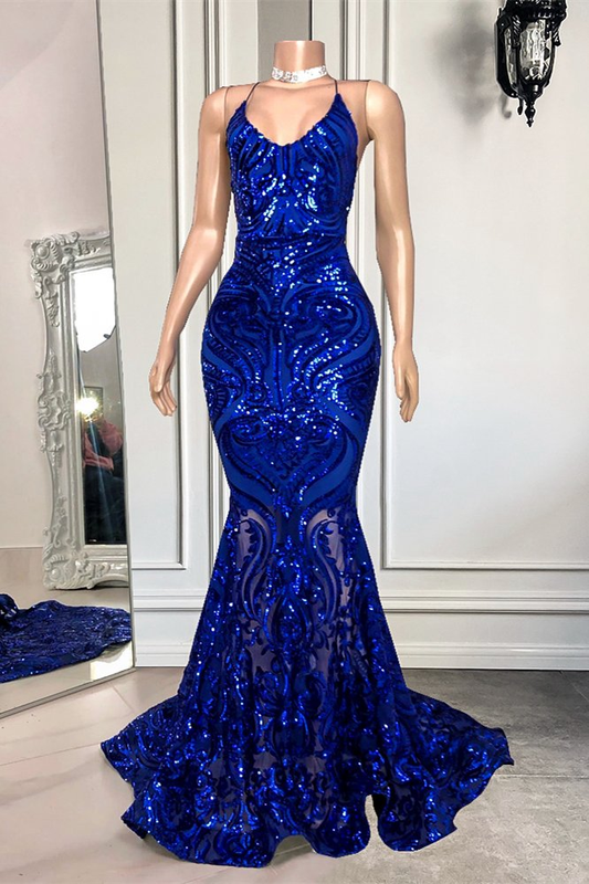 Spaghetti-Straps Royal Blue Long Mermaid Prom Dress With Sequins  gh2101