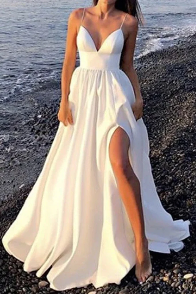 Weißes langes Ballkleid mit V-Ausschnitt und offenem Rücken und hohem Schlitz, weißes formelles Abschluss-Abendkleid mit V-Ausschnitt gh2125