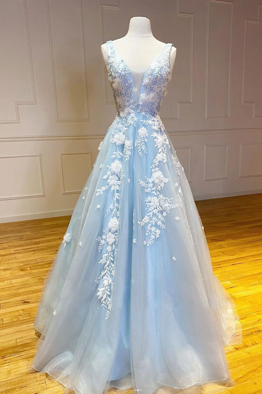 Robe de soirée longue élégante en tulle et dentelle à col en V bleu gh2306